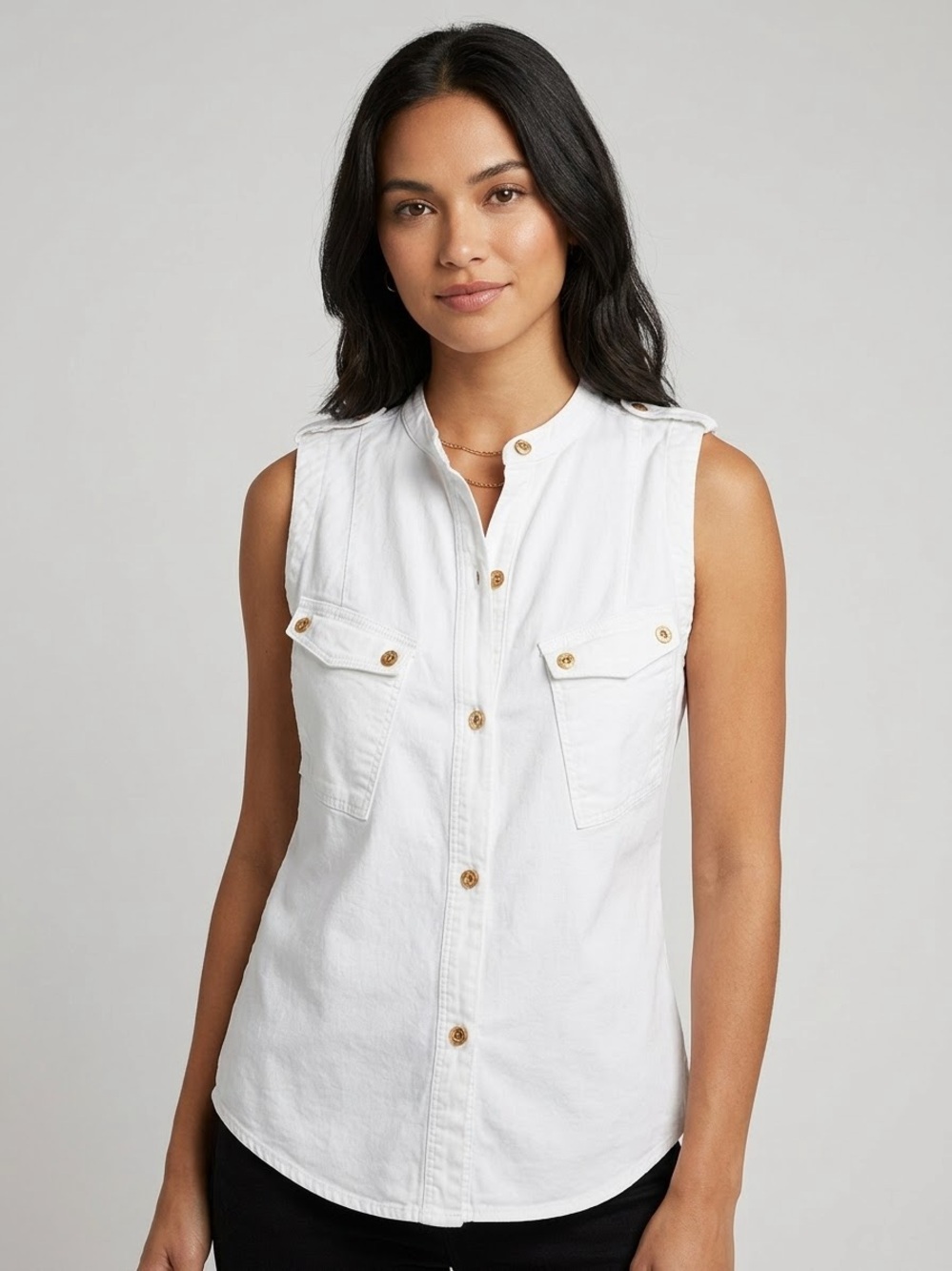 7 For All Mankind Womens White Sleeveless Utility Button Down Shirt Top Epaulets